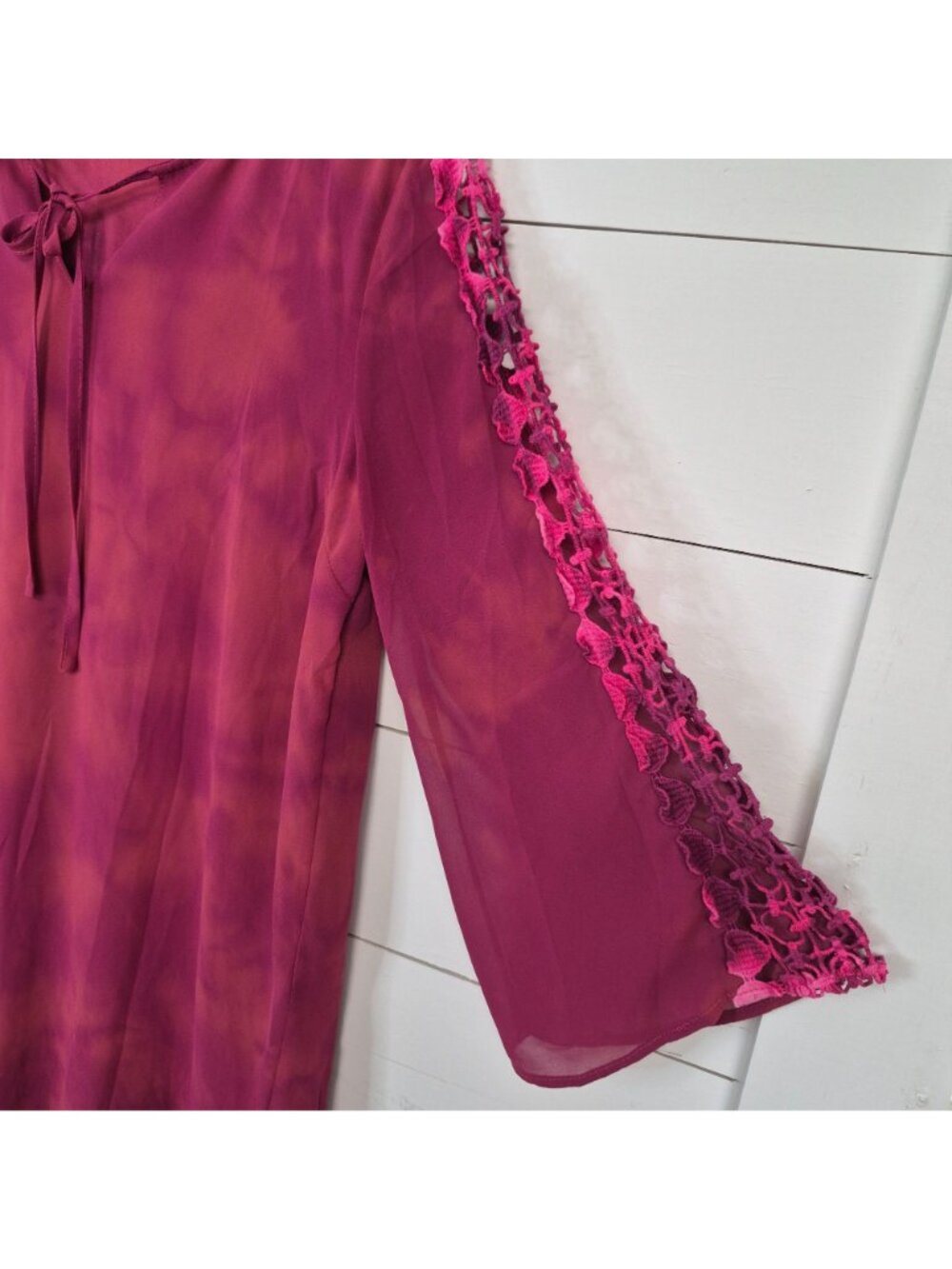 Umgee Womens Pink Tie-Dye Dress W/ Crochet Sleeve Detail Bell Sleeves & Front Ti - Picture 5 of 8